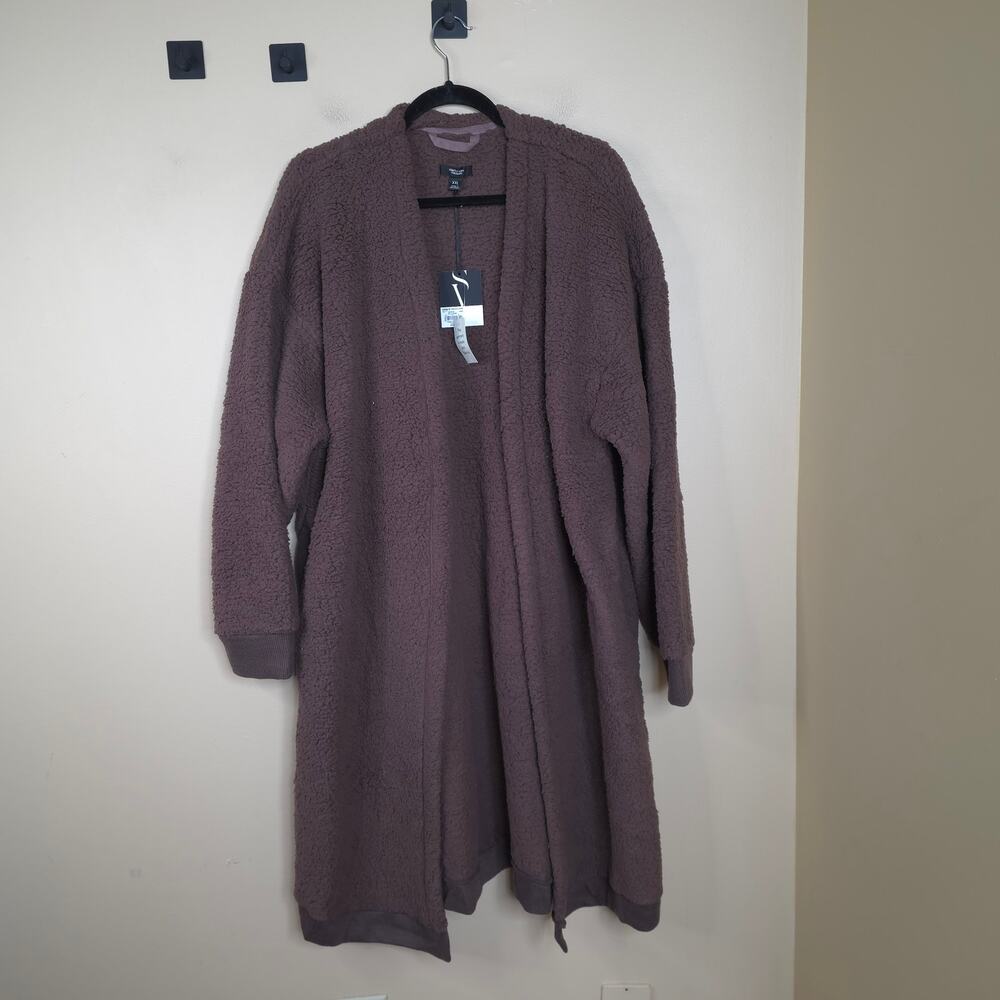 Simply Vera Long Length Open Front Fuzzy Sweater in Brown Size XXL